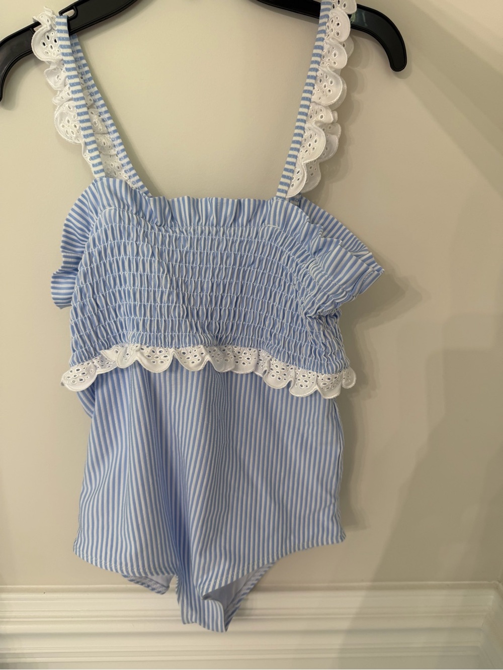 Crown & Ivy Kids Girls Blue Gingham Smocked Eyelit Swimsuit Size 14